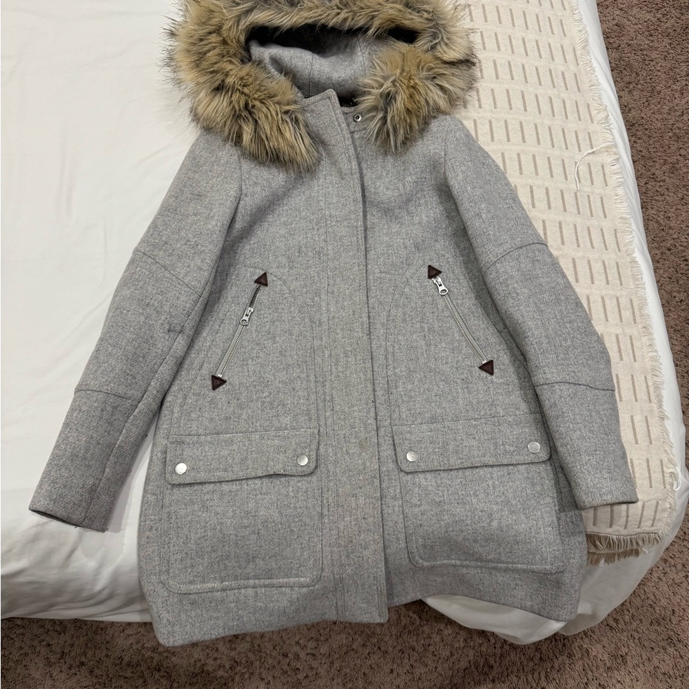 Gray Hooded Coat with Faux Fur Trim